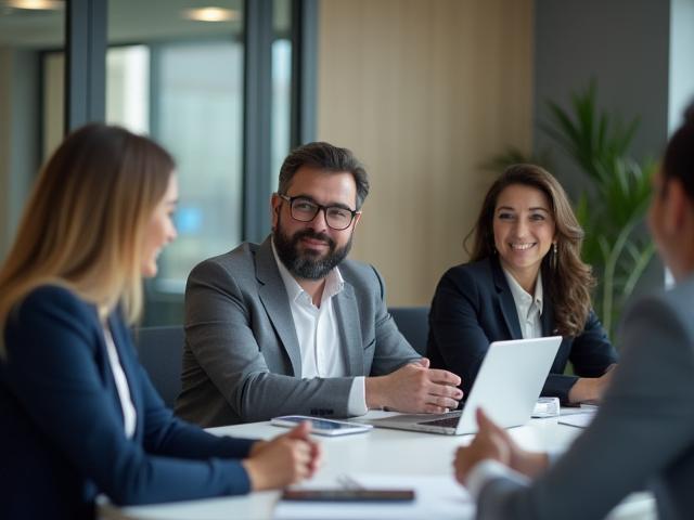 Professional team members of Al Masyaf Hospitality in a modern Dubai office discussing strategy.